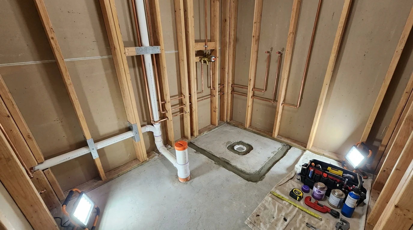 Bathroom rough-in plumbing during remodel by Johns Plumbing LLC in Brooklyn