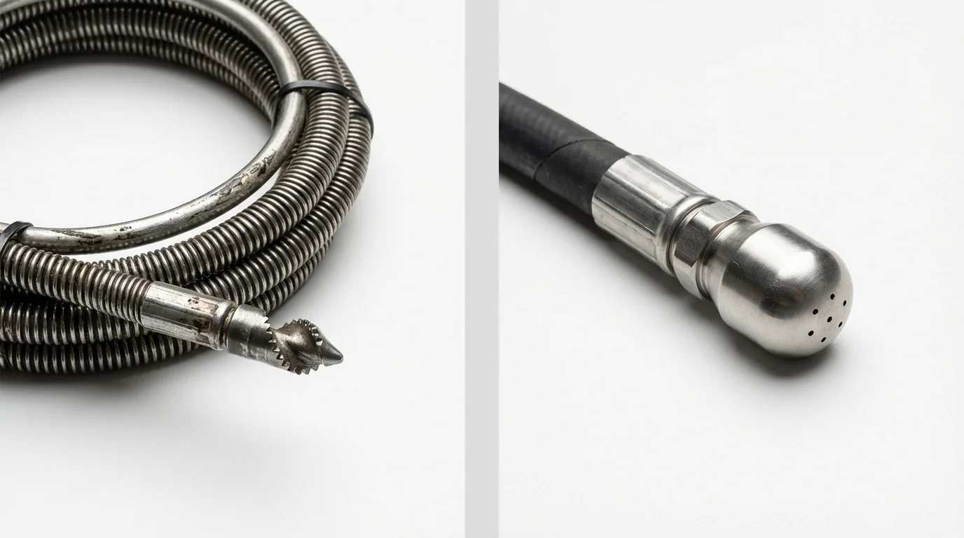 Drain snake cable and hydro jetting nozzle used for drain cleaning in Brooklyn, WI