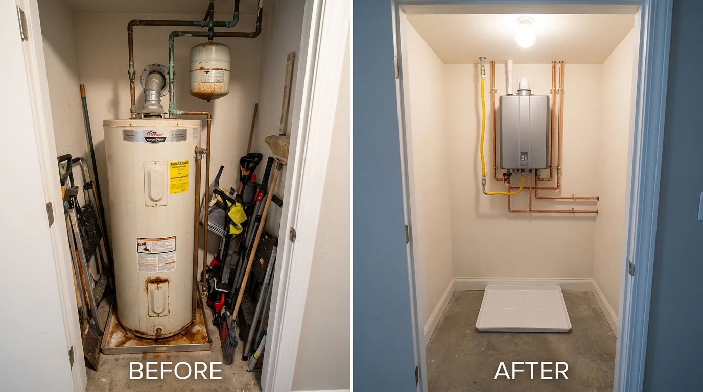 Tank water heater versus wall-mounted tankless unit comparison for Brooklyn, WI homeowners