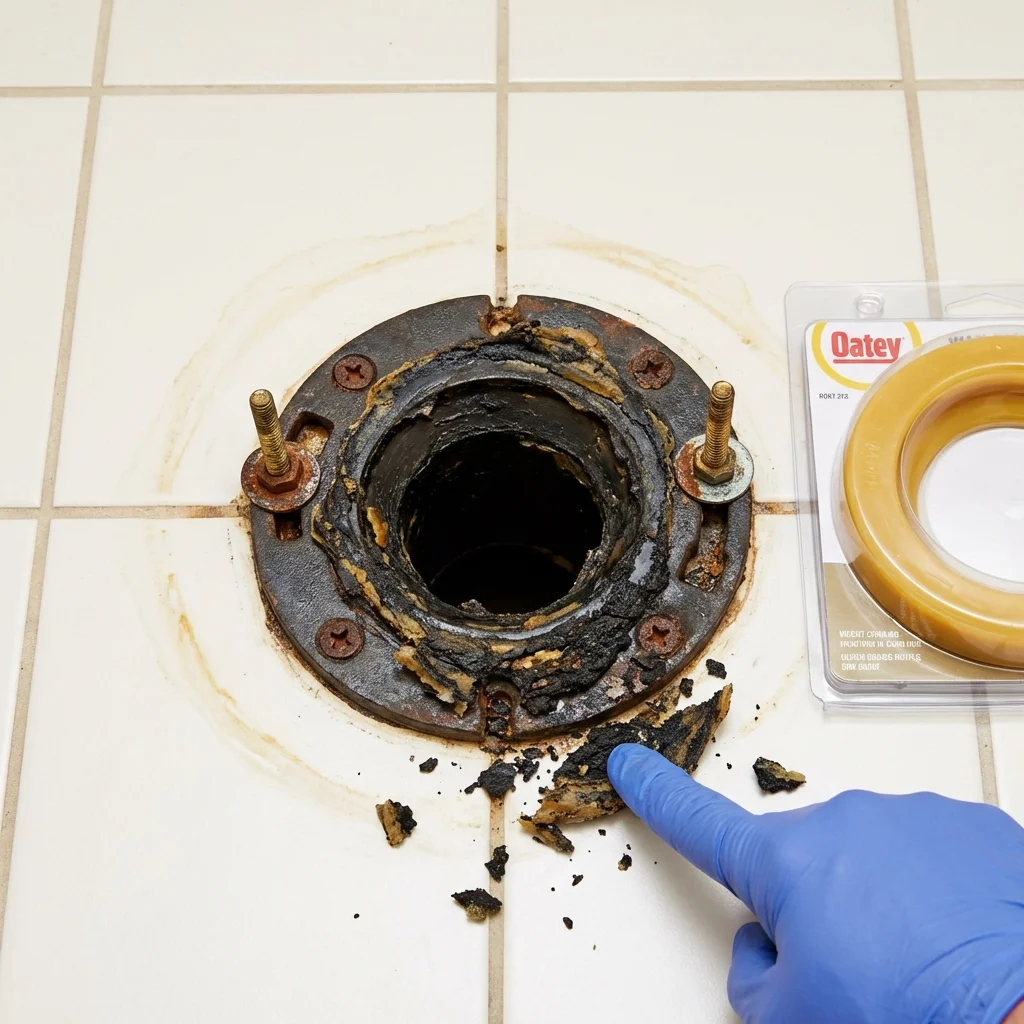 Failed wax ring showing water seepage at the base of a toilet in a Brooklyn, WI home