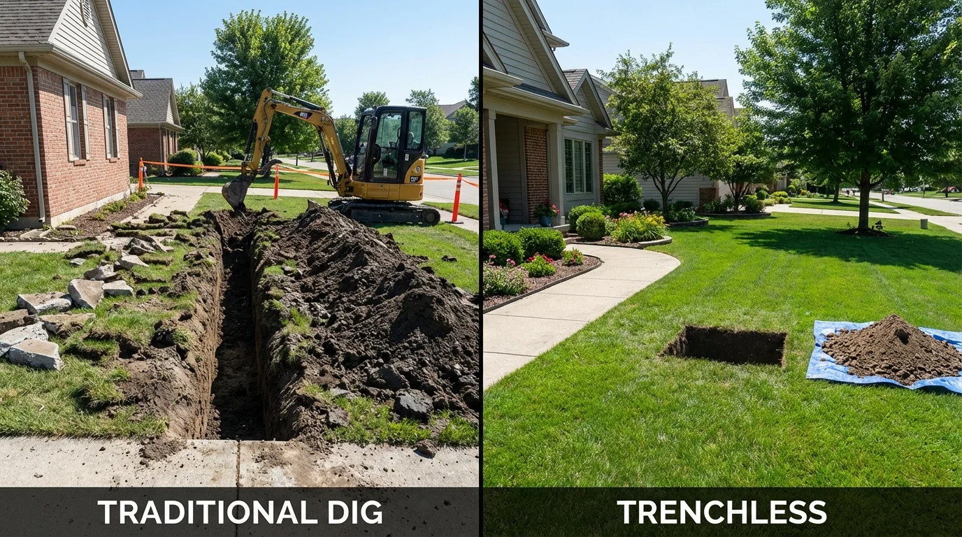 Trenchless sewer repair with minimal yard damage versus traditional excavation in Brooklyn, WI
