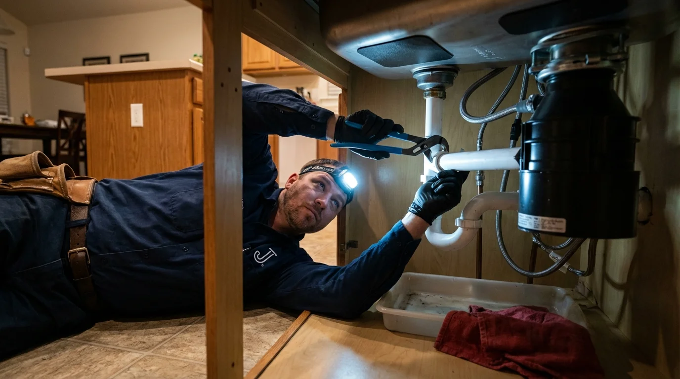 P-trap and supply line connections under a kitchen sink showing a common leak point in Brooklyn, WI